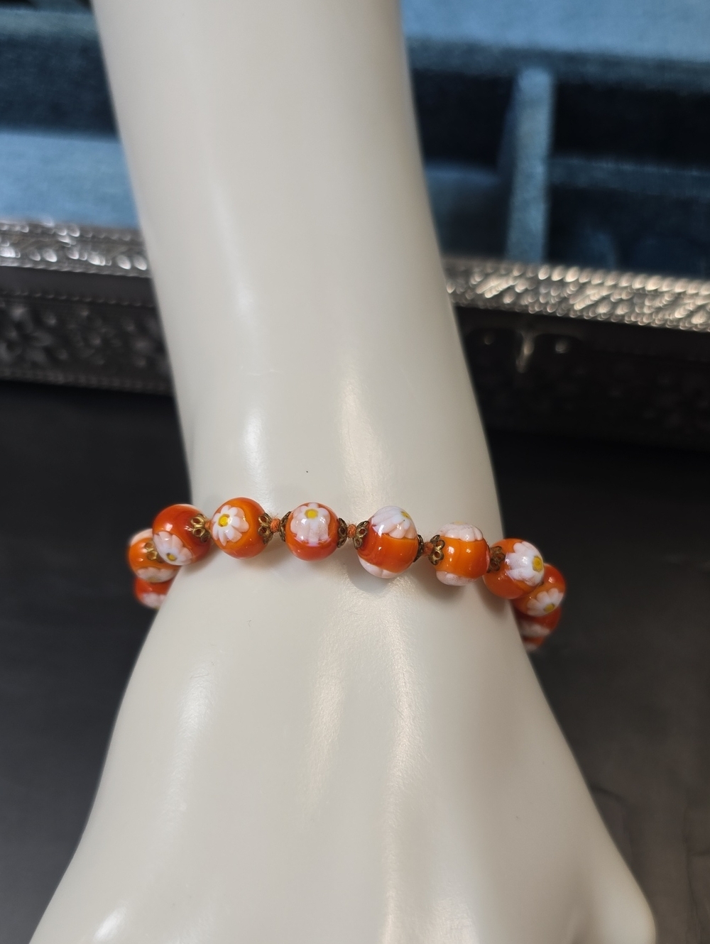 Murano Glass Floral Orange Bead Dainty Bracelet